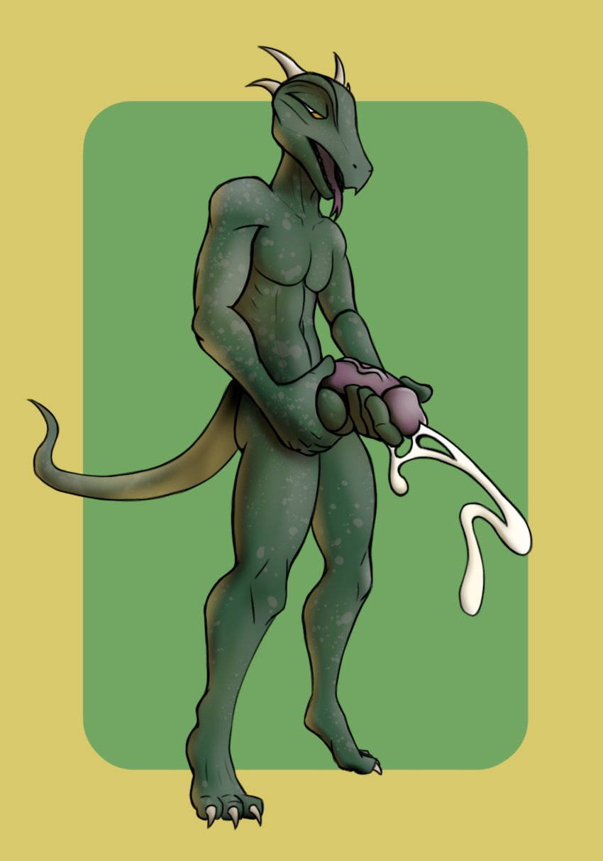 absurd_res anthro balls bodily_fluids cum ejaculation genital_fluids genitals green_body green_skin hi_res holding_balls horn kartavipirate male masturbation penis reptile scalie simple_background snake solo tongue tongue_out yellow_eyes