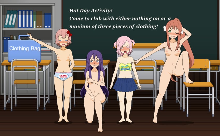 4girls angry barefoot blush brexitaceattorney brown_hair classroom completely_nude completely_nude_female doki_doki_literature_club embarrassed embarrassed_female embarrassed_naked_female embarrassed_nude_female enf female female_only full_body kisekae looking_to_the_side monika_(doki_doki_literature_club) multiple_girls naked naked_female natsuki_(doki_doki_literature_club) nude nude_female partially_clothed pink_hair purple_hair sayori_(doki_doki_literature_club) smooth_skin spongebob_squarepants sticking_out_tongue thomas_and_friends wink yuri_(doki_doki_literature_club)