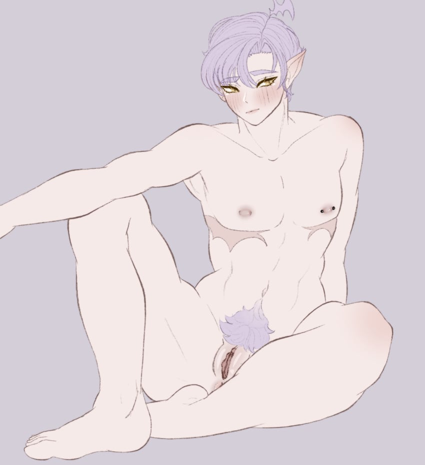 1cuntboy 2d 2d_(artwork) abs ahoge asymmetrical_bangs bangs blush clitoris completely_nude cuntboy cuntboy_only digital_media_(artwork) feet intersex lavender_hair lounging lustslushie mastectomy_scar nipple_piercing nipples nude one_leg_up original original_character pale_skin pointy_ears pubes pubic_hair purple_hair pussy scar scars short_hair simple_background simple_shading sitting slit_pupils solo toned toned_cuntboy vampire vova_(lustslushie) white_skin yellow_eyes