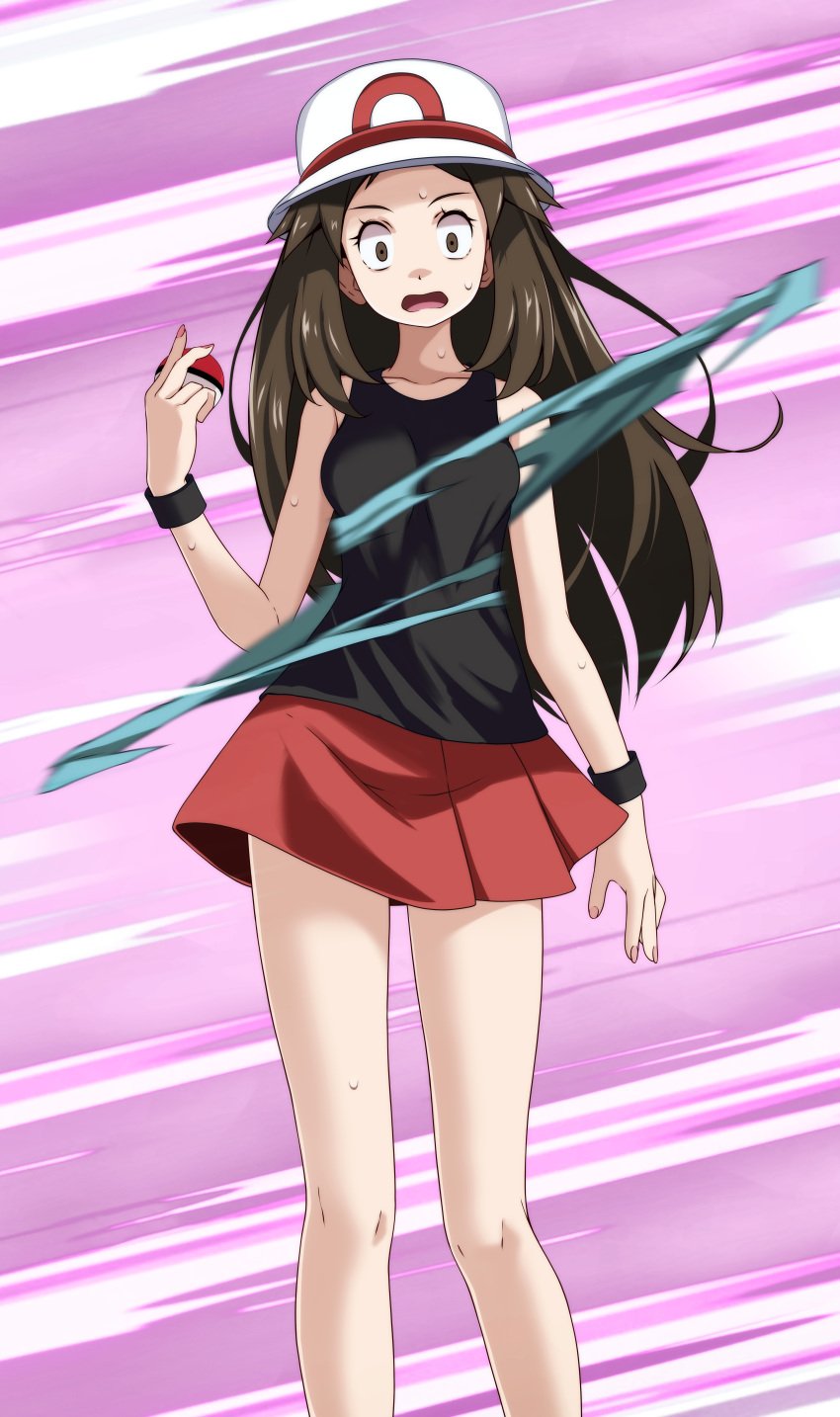 black_undershirt blue_shirt brown_eyes brown_hair hat holding_object leaf_(pokemon) long_hair looking_at_viewer motion_lines pokeball pokemon red_skirt scared skirt sweatdrop torn_clothes torn_shirt tsukishiro_saika white_hat wrist_cuffs