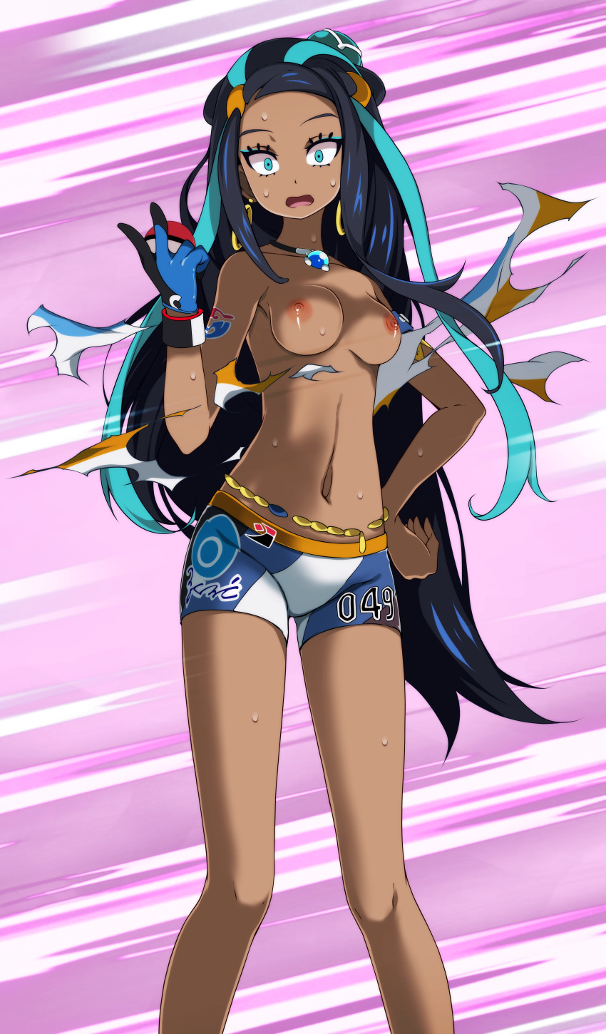 1girls armband black_hair blue_eyes blue_hair dark-skinned_female earrings eyelashes eyeshadow female female_only hand_on_hip holding_object hoop_earrings human large_breasts long_hair looking_at_viewer multicolored_hair navel necklace nessa_(pokemon) nipples pokeball pokemon scared single_glove solo sweat swimwear tattoo topless torn_clothes tsukishiro_saika