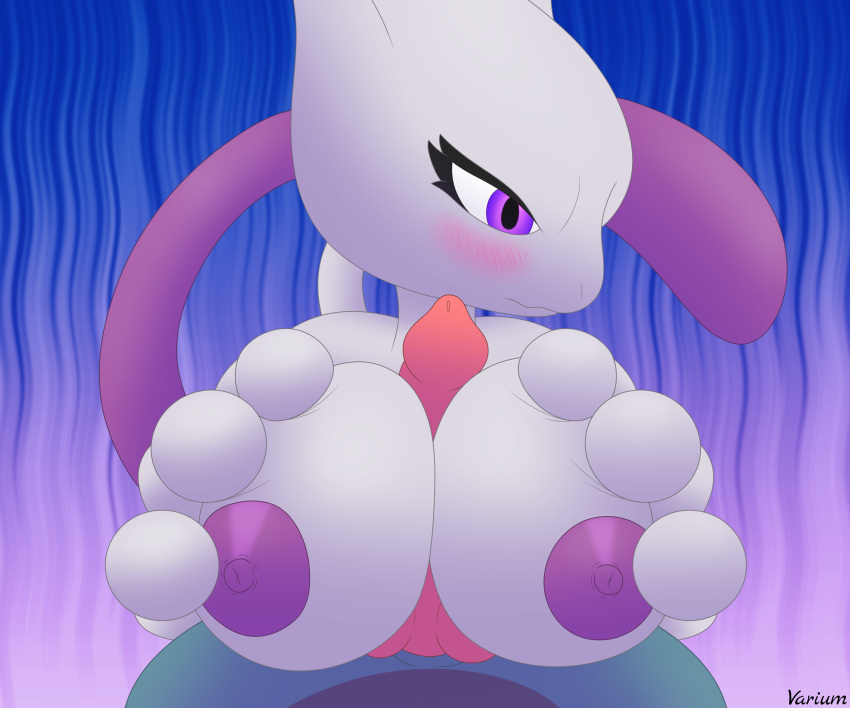 absurd_res animal_genitalia animal_penis big_breasts blue_body blue_fur blush breast_play breasts canid canine canine_genitalia canine_penis digital_media_(artwork) duo erection felid female fur generation_1_pokemon generation_4_pokemon genitals hi_res huge_breasts legendary_pokemon lucario male male/female mammal mewtwo nintendo nipples paizuri penis pokemon pokemon_(species) purple_eyes purple_nipples sex simple_background titjob tsundere varium