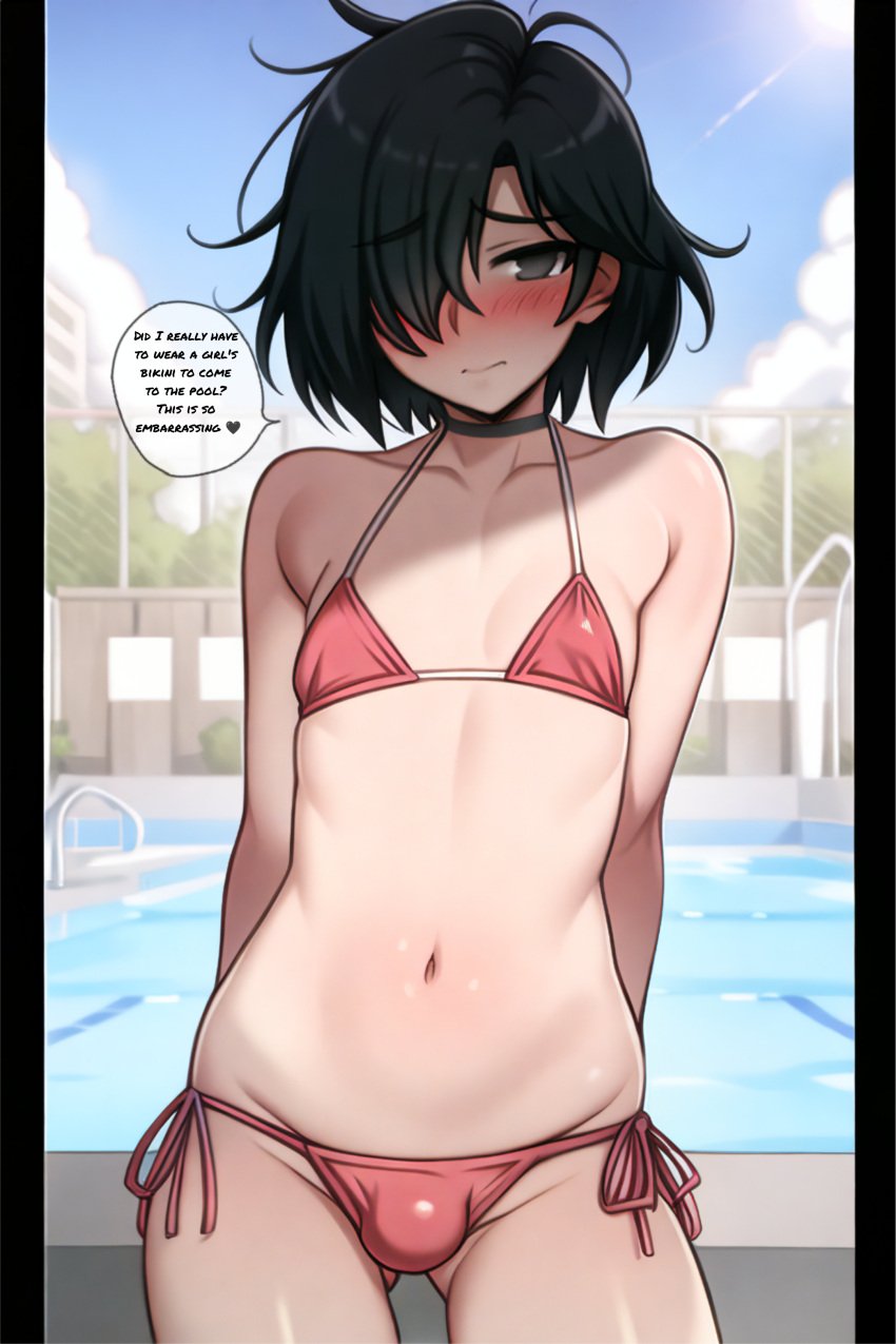 1boy ai_generated androgynous bikini black_hair blush bulge crossdressing day embarrassed english english_text femboy feminine_male forced_crossdressing hi_res highres indie_virtual_youtuber looking_at_viewer male nixer nixer_(ai) original otoko_no_ko outdoors pool pov small_penis tagme testicles testicles_under_clothes text text_bubble tomgirl trap virtual_youtuber yaoi