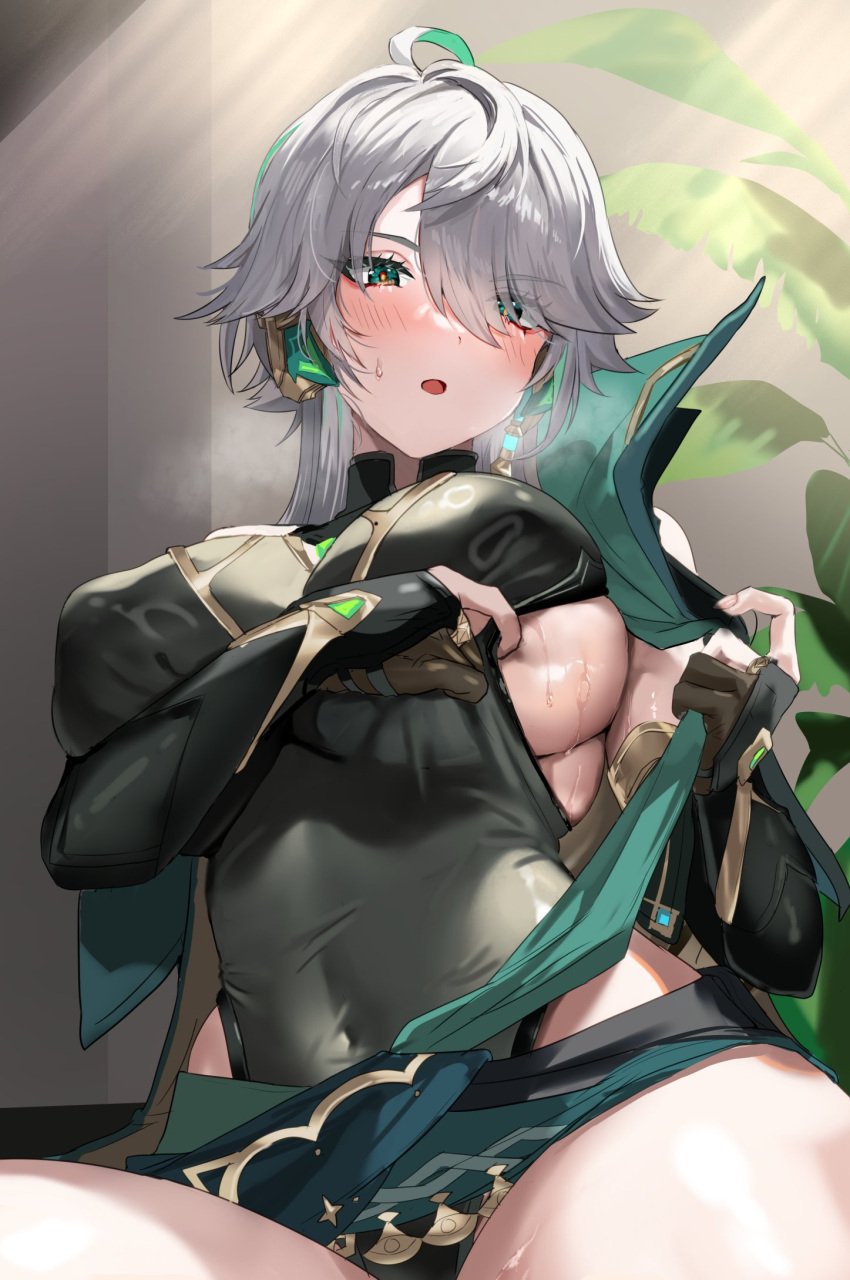 1girls ahoge alhaitham_(genshin_impact) big_breasts blush cloak female female_only genderswap_(mtf) genshin_impact green_eyes grey_hair hair_over_one_eye large_breasts leotard looking_at_viewer rule_63 solo solo_female sweat thick tight_clothing underboob voluptuous wet_skin yavalley