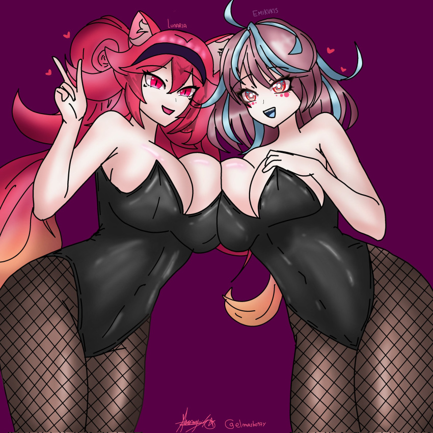 2girls animal_ears big_breasts breasts_pressed_together cleavage elmashoarts emikukis fishnet_stockings headband hourglass_figure latam_virtual_youtuber leotard long_hair lunaria_ayaren owozu short_hair smile thick_thighs violet_background virtual_youtuber vtuber vtuberfanart youtube youtube_hispanic