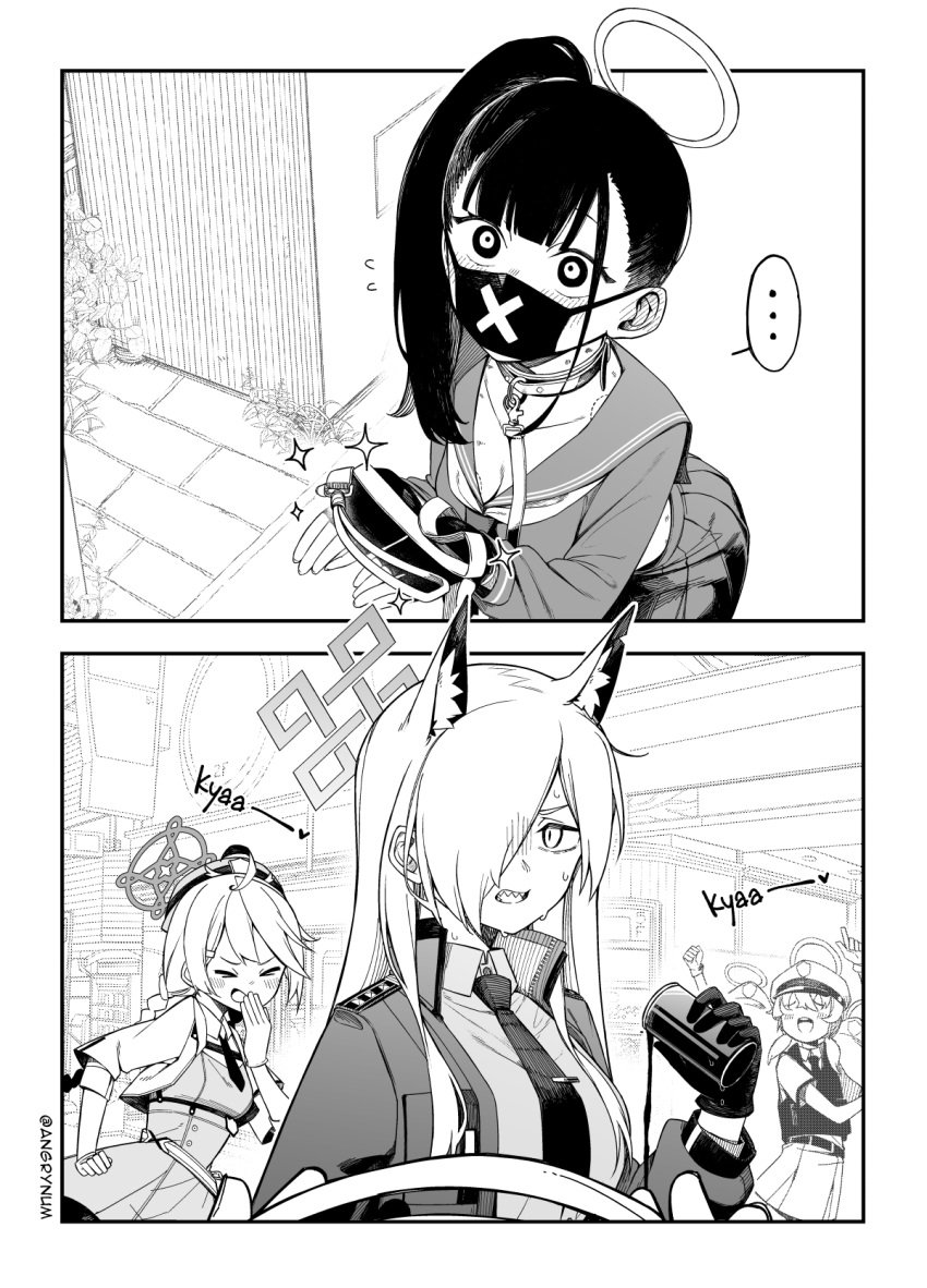 ... 2koma 3girls a:n_(angrynum) animal_ear_fluff animal_ears bite_mark black_gloves black_hair blue_archive blunt_bangs blush can canned_coffee collar collared_shirt comic ear_blush female female_only fingerless_gloves gloves greyscale hair_over_one_eye halo highres jacket kanna_(blue_archive) kirino_(blue_archive) leash monochrome multi_ear multiple_girls neckerchief necktie offering_leash open_clothes open_jacket public_peace_bureau_(blue_archive) public_safety_bureau_(blue_archive) school_uniform sharp_teeth shirt spilling sukeban_(smg)_(blue_archive) sweat teeth twitter_username valkyrie_police_school_student valkyrie_police_school_student_(blue_archive) willing_sub yuri