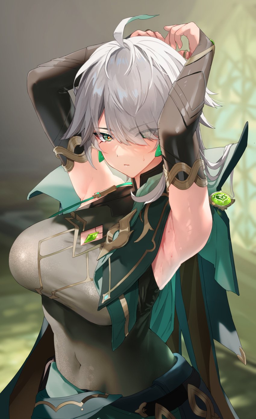 1girls ahoge alhaitham_(genshin_impact) armpits arms_up big_breasts cloak female female_only genderswap genderswap_(mtf) genshin_impact green_eyes grey_hair hair_over_one_eye hands_behind_head large_breasts looking_at_viewer necklace rule_63 solo solo_female thick voluptuous yavalley