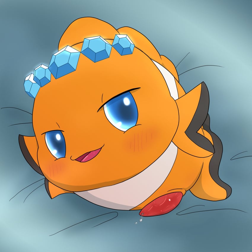 accessory animal_genitalia animal_penis aqua_(jewelpet) bed bedroom_eyes blue_eyes blush bodily_fluids clothing clownfish digital_drawing_(artwork) digital_media_(artwork) erection fin fish furniture genital_fluids genitals headband headgear headwear hi_res improbable_(artist) jewelpet jewelry male marine narrowed_eyes penis pomacentrid precum presenting sanrio scales seductive sheath solo striped_body stripes yellow_body yellow_scales