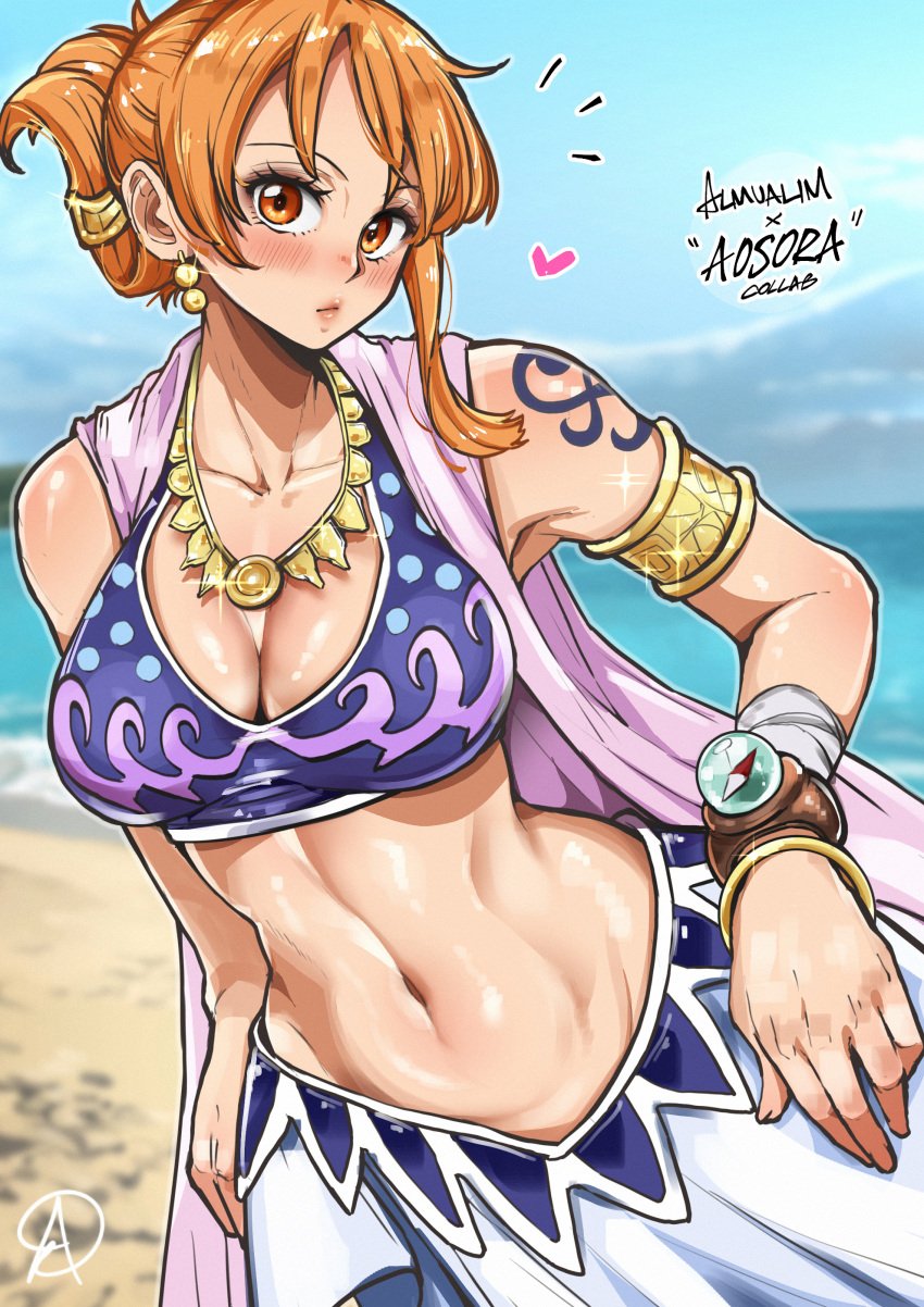 1girls alabasta almualim aosora arabasta_saga arabian_clothes armlet belly_dancer belly_dancer_outfit big_breasts blush breasts busty child_bearing_hips collaboration curvaceous curvy dancer_outfit female female_human female_only harem_girl harem_outfit hourglass_figure human large_breasts light-skinned_female light_skin looking_at_viewer muscle_tone nami navel one_piece orange_eyes orange_hair outdoors pelvic_line pre-timeskip slim_waist solo solo_female solo_focus thick_thighs tied_hair toned_female wide_hips