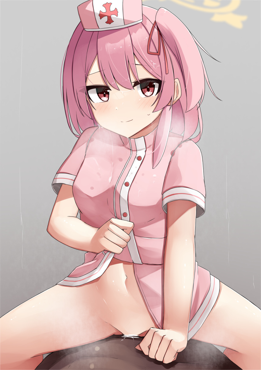 1boy 1girls aya_mizunami_(zuisen) blue_archive blush cum cum_in_pussy cum_inside dark-skinned_male dark_skin halo lifting_clothing light-skinned_female light_skin looking_at_viewer male_pov nurse nurse_cap nurse_uniform penetration pink_eyes pink_hair pov remedial_knights_(blue_archive) serina_(blue_archive) trinity_general_school_student vaginal_penetration