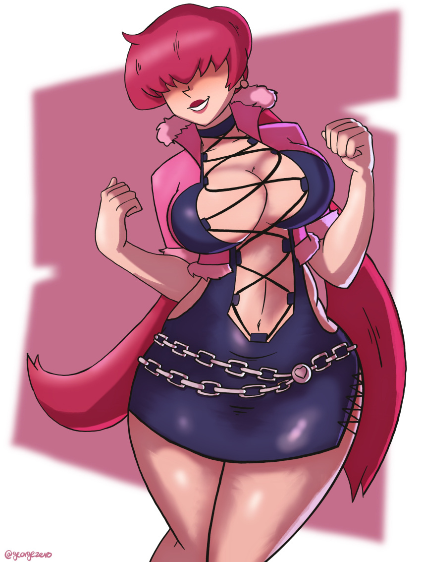 bangs_over_eyes cleavage dress earrings king_of_fighters lips red_hair shermie_(kof) short tilio