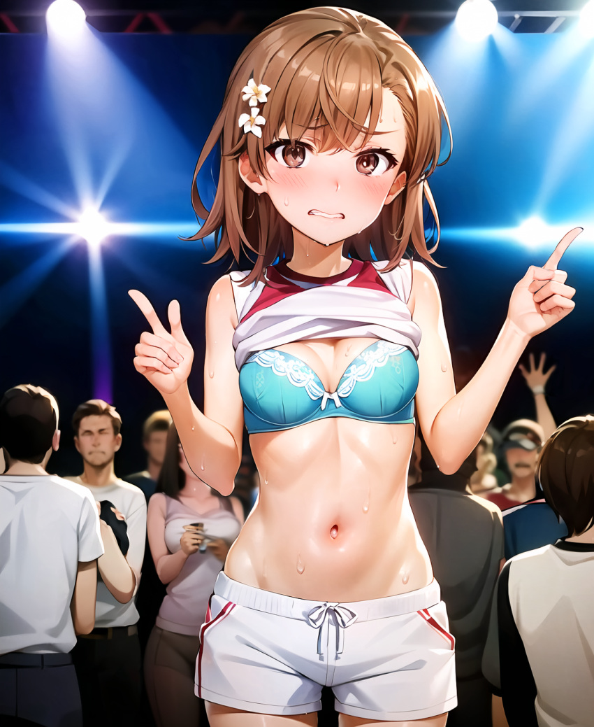 1girls 2020s 2023 ai_generated blue_bra blush bra breasts brown_eyes brown_hair cleavage female female_only hi_res index_fingers_raised looking_at_viewer medium_breasts midriff misaka_mikoto navel shirt_lift short_hair shorts solo sportswear sweat teenage_girl teenager to_aru_kagaku_no_railgun to_aru_majutsu_no_index young