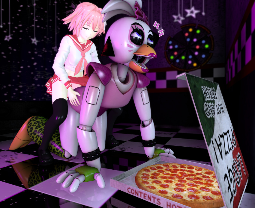 3d 3d_(artwork) all_fours animatronic astolfo_(fate) bent_over blue_eyes blurry_background checkered checkered_floor dark_room detailed_background dick doggy_style earrings fate_(series) femboy femboy_on_female femboydom fingerless_gloves five_nights_at_freddy's five_nights_at_freddy's:_security_breach floor glamrock_chica_(fnaf) gloves grabbing grabbing_ass grabbing_from_behind hi_res high_resolution highres indoors kneeling lipstick looking_pleasured makeup night on_all_fours on_floor on_ground open_mouth pale-skinned_female pale_skin panties penis penis_in_ass pepperoni pepperoni_pizza pink_hair pink_panties pizza pizza_box pleasure_face reflective_floor ribbon robot robot_girl school_uniform sfm size_difference skirt source_filmmaker thighhighs tile_floor tiles trishsfm wall white_body white_hair white_skin