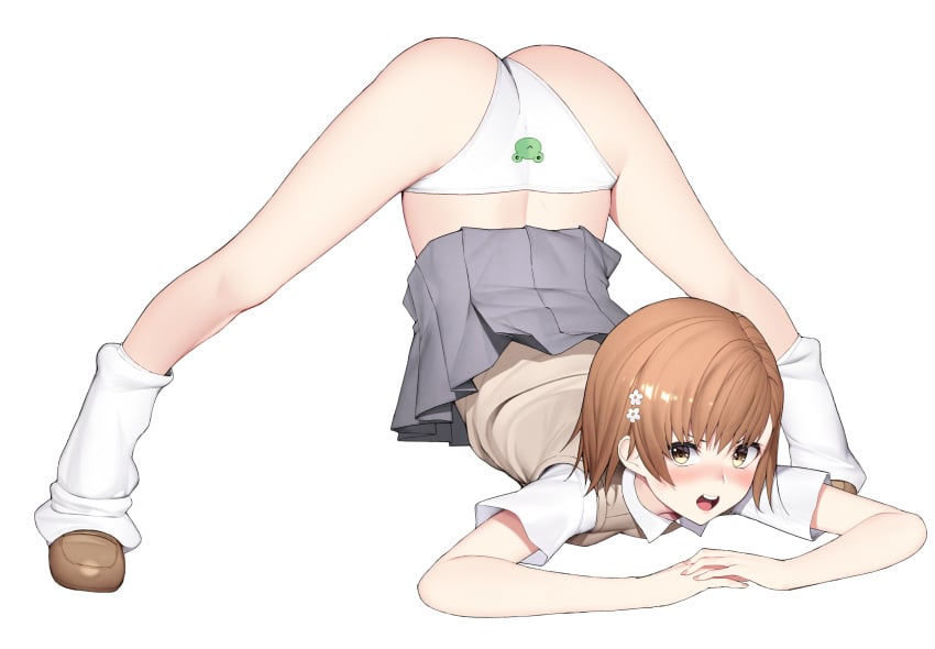 1girls 2020s 2021 absurd_res ass ass_up bare_legs blush brown_eyes brown_footwear brown_hair dat_ass embarrassed female flower full_body gekota gekota_panties grey_skirt hair_flower hair_ornament hi_res jack-o'_challenge jack-o_pose looking_at_viewer loose_socks matching_hair/eyes meme migu_(iws2525) miniskirt misaka_mikoto open_mouth panties pleated_skirt school_uniform schoolgirl shirt shoes short_hair short_sleeves skirt skirt_down skirt_up socks solo teenage_girl teenager to_aru_kagaku_no_railgun to_aru_majutsu_no_index tokiwadai_school_uniform underwear vest white_background white_flower white_panties white_shirt white_socks young