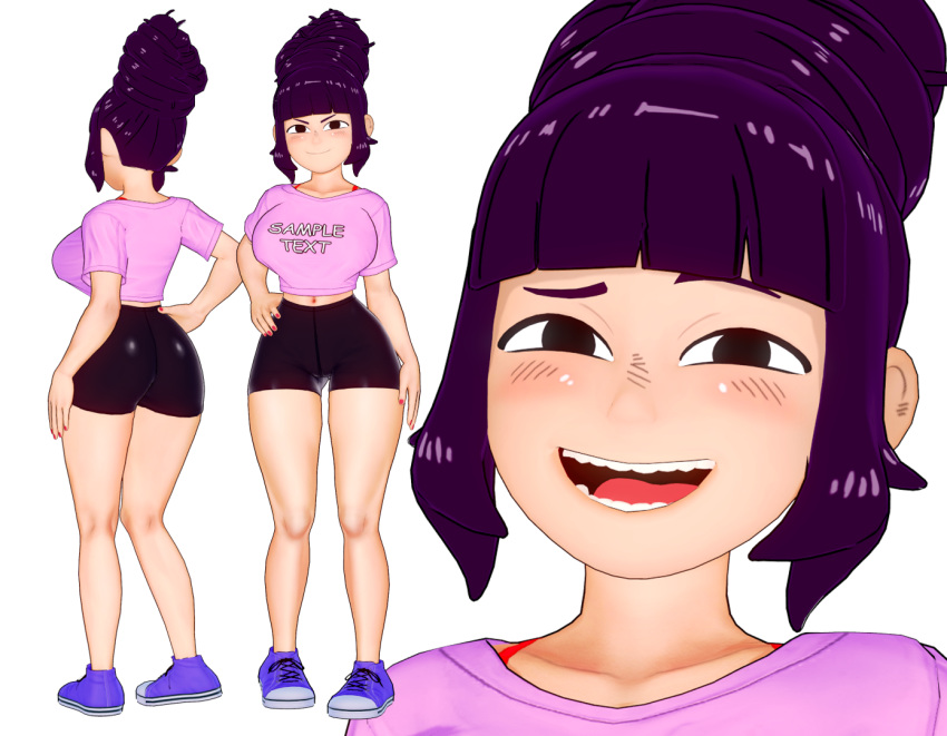 1girls 3d beehive_hairdo blunt_bangs clothed command_grab evaan full_body hand_on_hip huge_breasts large_breasts looking_at_viewer model_sheet navel open_mouth pink_shirt purple_hair sidelocks transparent_background