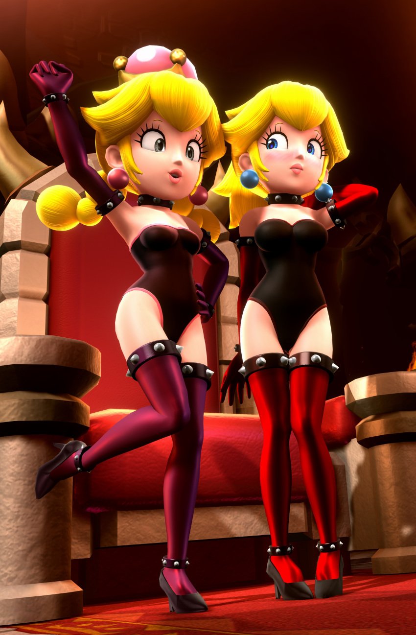 2girls 3d accurate_art_style alternate_version_at_source alternate_version_available blonde_hair blue_earrings blue_eyes crown earrings edit edited exposed_thighs female female_only goth goth_girl gray_eyes hand_on_hip heels high_heels indoors leotard mario_(series) multiple_girls new_super_mario_bros._u_deluxe nintendo onmodel3d peachette perky_breasts pink_earrings princess_peach raised_arm slave_outfit spiked_bracelet spiked_collar standing_on_one_leg stockings super_crown super_mario_bros. toadette