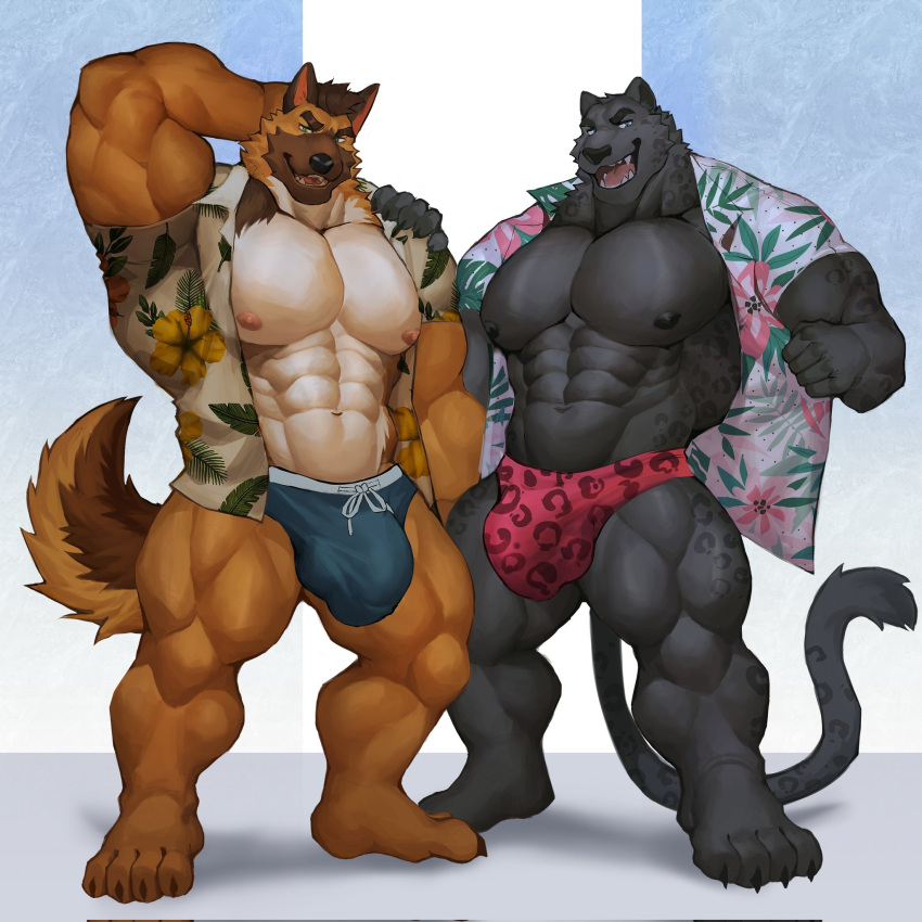 2022 4_toes 5_fingers aloha_shirt anthro big_bulge big_muscles black_body black_claws black_fur black_nipples black_nose blue_eyes brown_body brown_fur brown_hair bulge canid canine canis claws clothed clothing domestic_dog duo eyebrows feet felid fingers fur gage_the_panther genital_outline german_shepherd green_eyes hair hand_behind_head herding_dog hi_res huge_muscles humanoid_feet humanoid_hands jason_steiner looking_at_viewer male male/male mammal muscular muscular_anthro muscular_male nipples open_clothing open_mouth open_shirt open_topwear pantherine pastoral_dog pattern_clothing pattern_shirt pattern_topwear penis_outline pink_nipples plantigrade reolixious shirt speedo spots spotted_body spotted_fur standing swimwear thick_eyebrows toes topwear