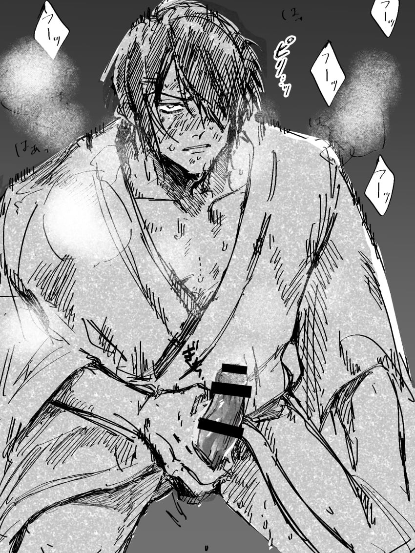 bar_censor blush breath erection gintama hair_over_one_eye kimono male male_only masturbation monochrome ocha_ag penis sketch solo steam sweat takasugi_shinsuke