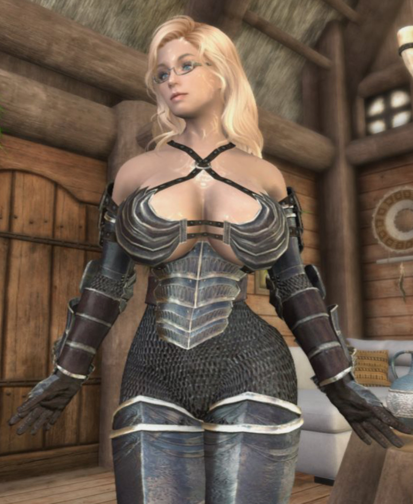 1girls 3d armor big_ass big_breasts bikini_armor blonde_hair blue_eyes bodysuit dat_ass dommy_mommy elf_orc_lunaire female female_only glasses huge_ass huge_breasts large_ass large_breasts rebecca_(original_character) seductive shaking skyrim solo tagme the_elder_scrolls tight_clothing