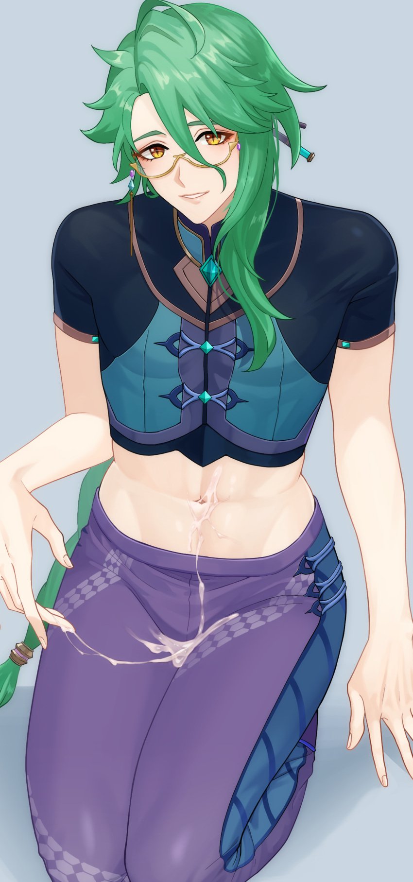 1boy absurdres baizhu_(genshin_impact) crop_top cum genshin_impact glasses green_hair hair_between_eyes hair_ornament highres long_hair looking_at_viewer male_focus midriff navel pants pinchi purple_pants smile solo solo_male stomach yellow_eyes