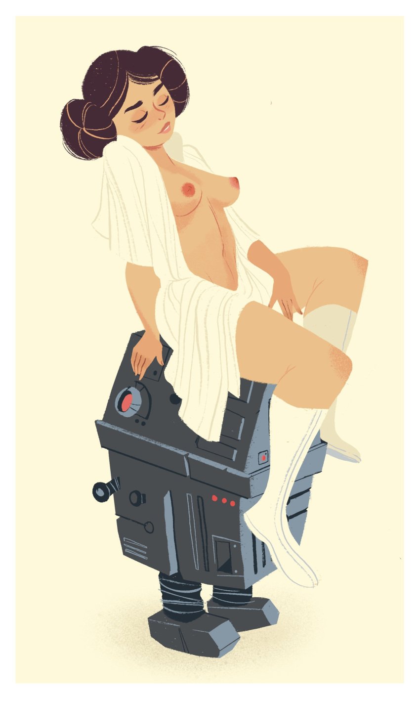 1girls a_new_hope ambiguous_gender blush boots breasts breasts_out brown_hair closed_eyes cute dress droid duo facesitting female footwear full_body gonk_droid hair hair_bun knees nipples open_clothes open_dress perky_breasts princess princess_leia_organa robot rumbleafterdark science_fiction shoes side_view sitting sitting_on_person star_wars white_dress