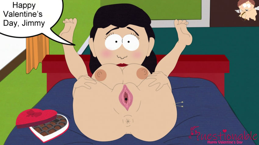 1girls anus ass bed black_hair blush clitoris cupid_me eyelashes legs_up lipstick milf mother nude nude_female offscreen_character on_bed open_pussy presenting_anus presenting_hindquarters presenting_pussy pussy questionable_(artist) sarah_valmer south_park spread_legs valentine's_day