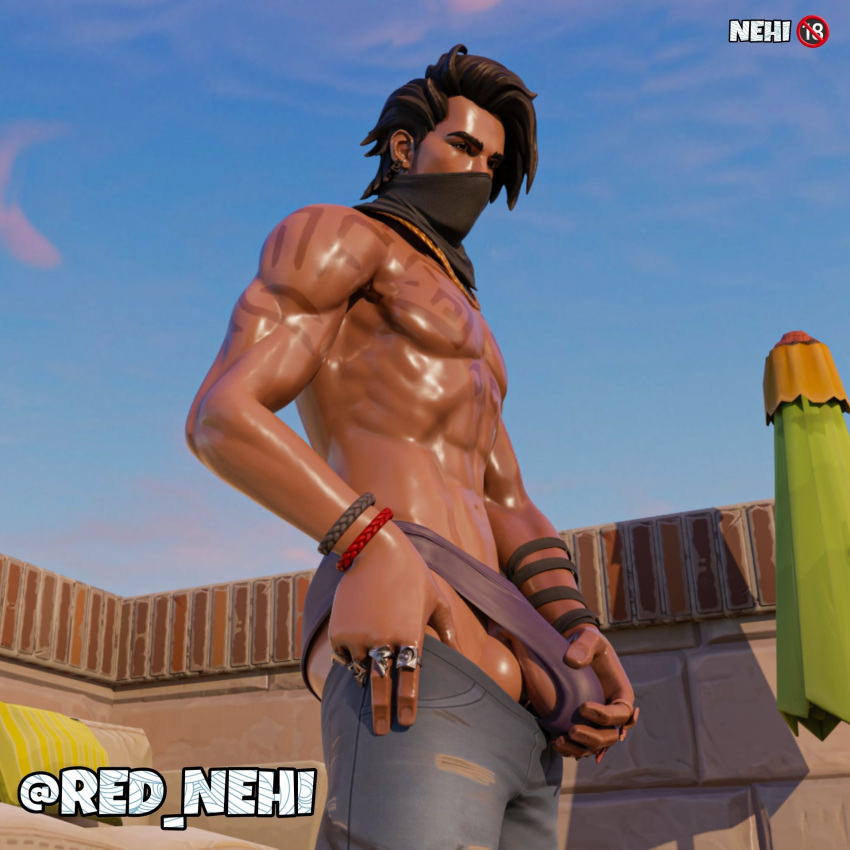 1boy balls big_penis erection fortnite low-angle_view male male_only muscular muscular_male penis raz_(fortnite) red_nehi riptide_raz shirtless solo solo_male