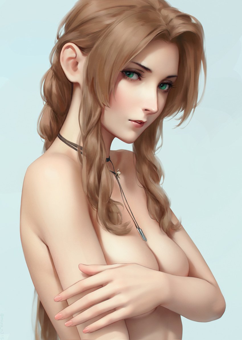 aerith_gainsborough ai_generated brown_hair covering_breasts female final_fantasy final_fantasy_vii final_fantasy_vii_remake green_eyes light-skinned_female miura-n315