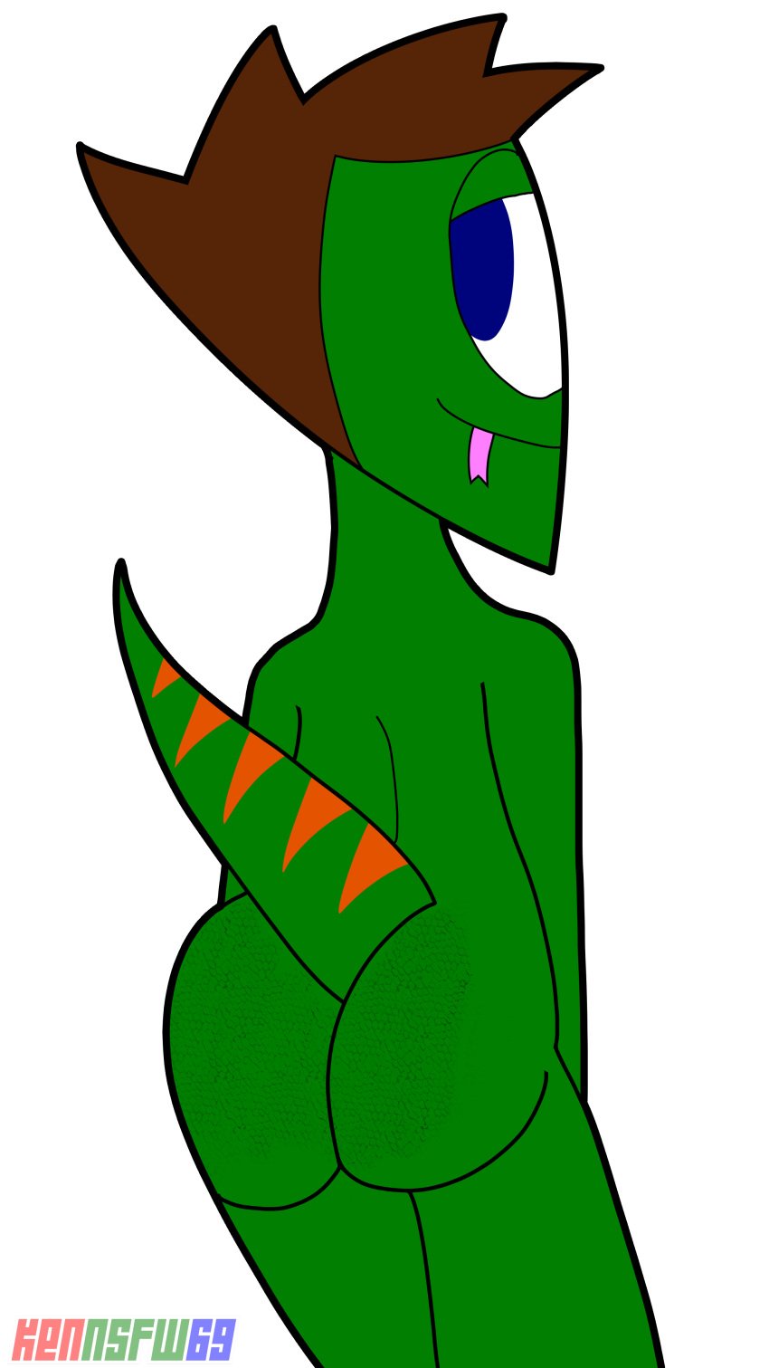 ass blue_eyes brown_hair bubble_ass bubble_butt butt completely_naked completely_naked_male completely_nude completely_nude_male flirting_look forked_tongue green_body green_scales kenmazu95 lizard lizard_tail looking_at_viewer naked nude scales_on_butt scalie scalie_male speckle_hakari tongue_out toony