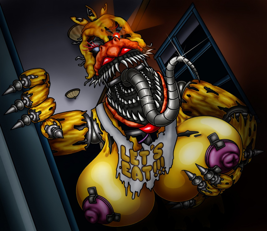 absurd_res animatronic anthro avian beak beakstick big_breasts bird breasts canon_appearance chicken female five_nights_at_freddy's five_nights_at_freddy's_4 furgonomics galliform gallus_(genus) happyanthro hi_res lipstick machine makeup nightmare_chica_(fnaf) nightmare_fuel nipples non-mammal_breasts phasianid robot scottgames sharp_teeth solo teeth