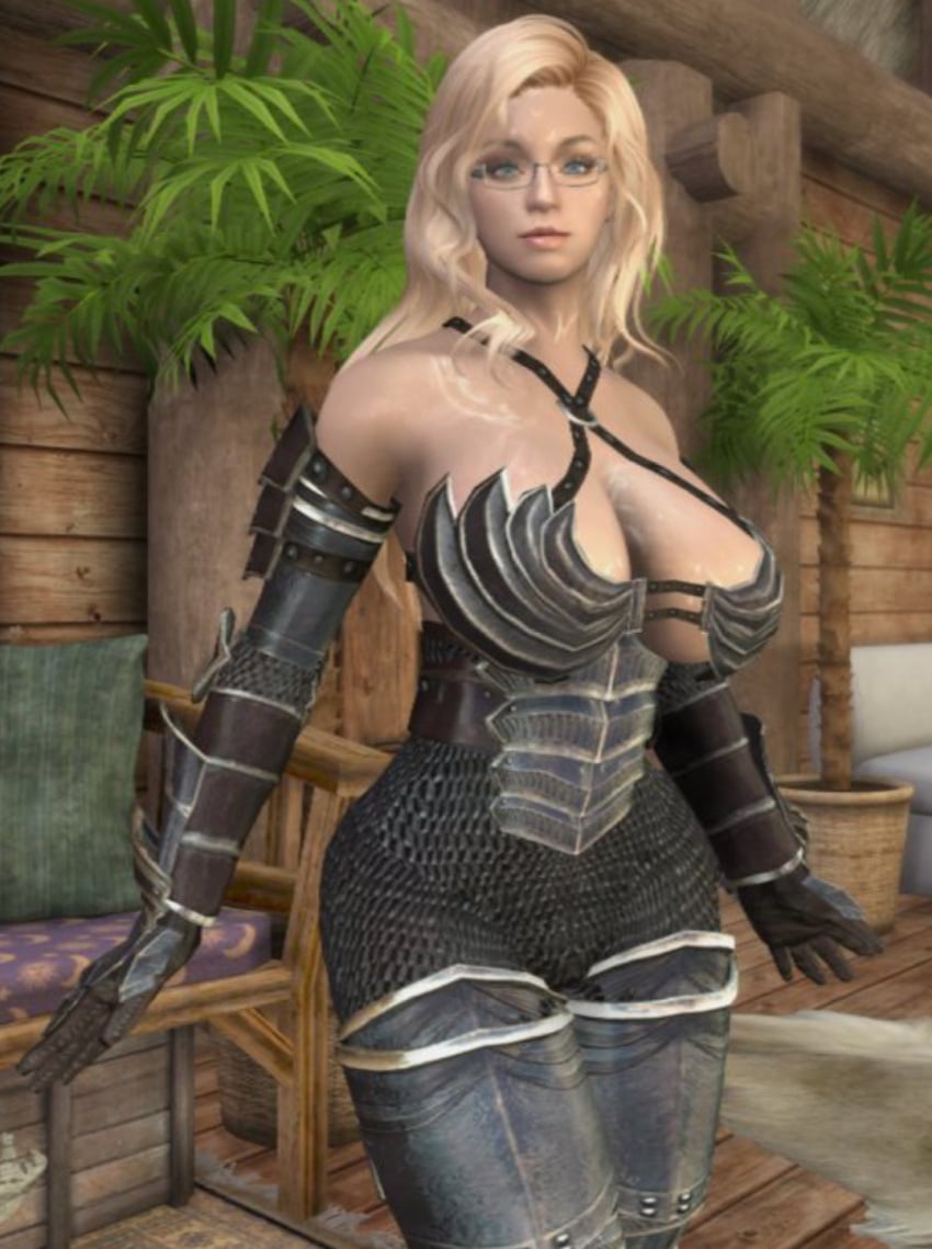 1girls 3d armor big_ass big_breasts bikini_armor blonde_hair blue_eyes bodysuit dat_ass dommy_mommy elf_orc_lunaire female female_only glasses huge_ass huge_breasts large_ass large_breasts rebecca_(original_character) seductive shaking skyrim solo tagme the_elder_scrolls tight_clothing