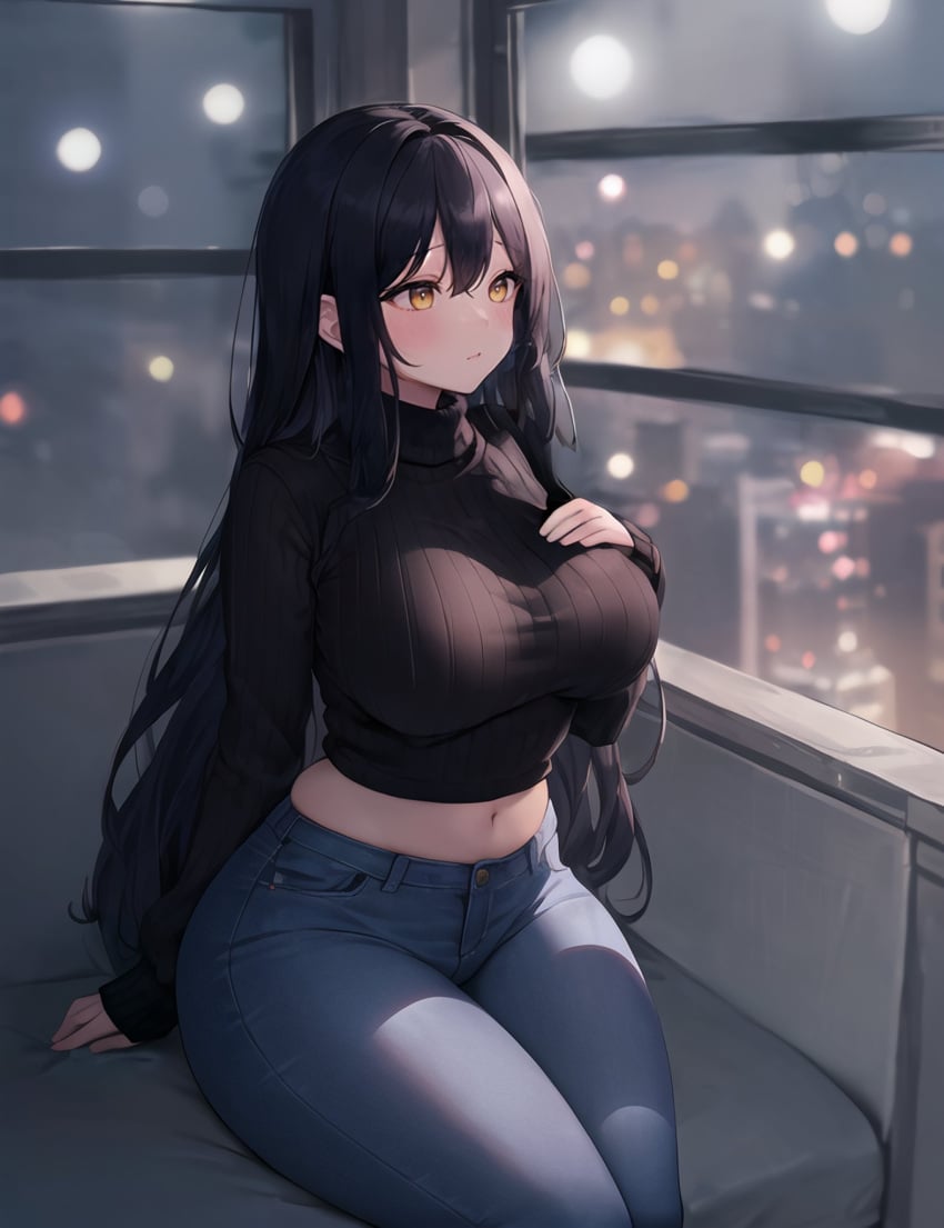 1girls ai_generated black_hair city city_background cityscape curvaceous curvy_female curvy_figure denim_clothing denim_jeans female_focus female_only high_resolution huge_breasts jeans long_hair original original_characters sitting_on_chair stable_diffusion stuffyai yellow_eyes