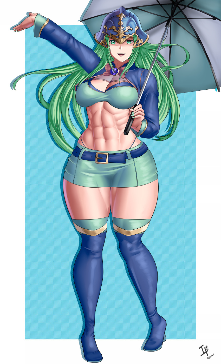 1girls abs arcedo arm_up bare_midriff bare_thighs belt_skirt belted_skirt blue_background boots breasts cleavage female female_only fire_emblem fire_emblem:_path_of_radiance fire_emblem:_radiant_dawn full_body green_eyes green_hair green_nails happy_female hat helmet large_breasts long_hair long_sleeves midriff nail_polish nephenee_(fire_emblem) nintendo open_mouth parasol race_queen short_skirt skirt smile solo standing thick_thighs thigh_boots thighs umbrella very_long_hair voluptuous voluptuous_female wholesome