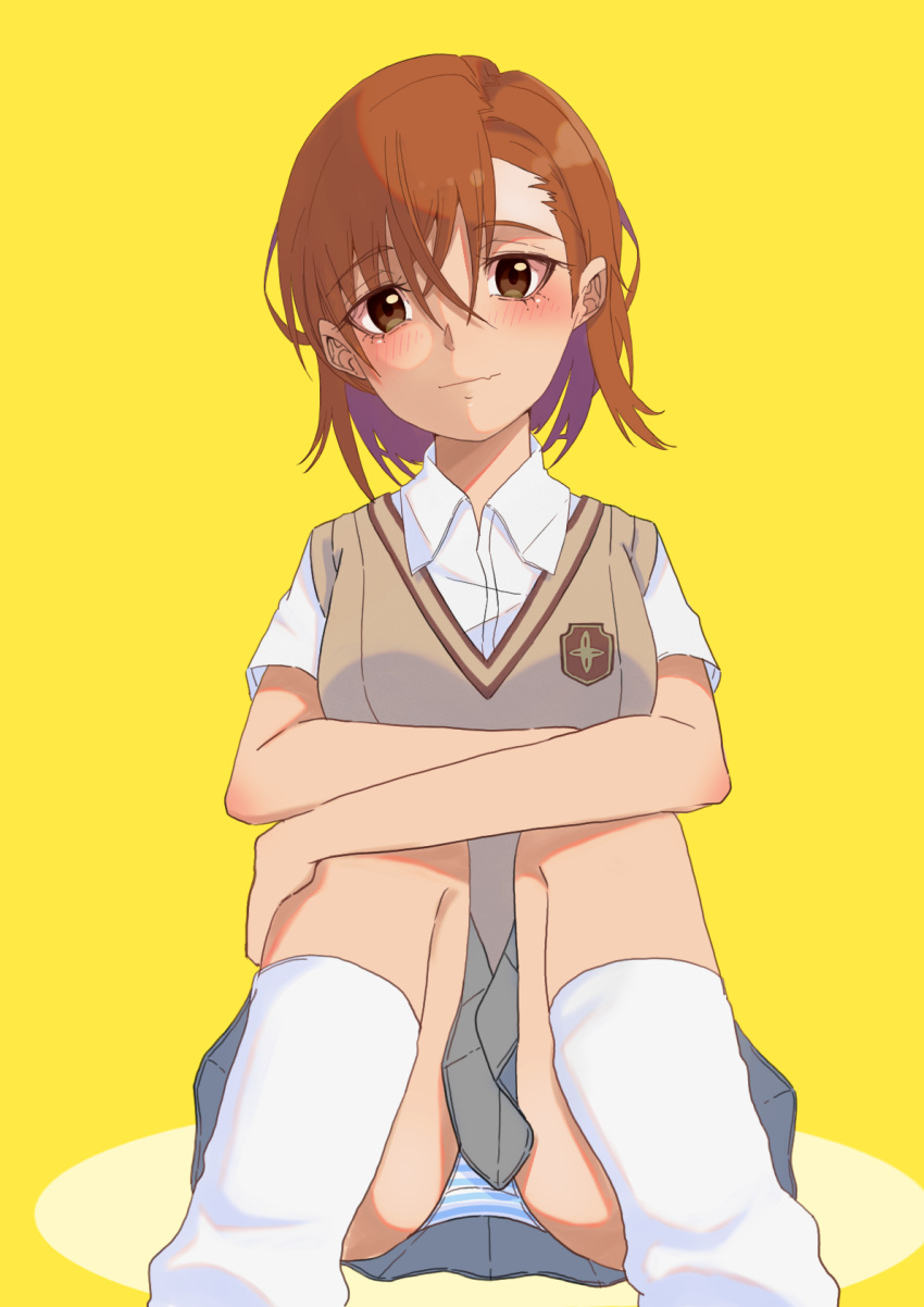 1girls 2020s 2022 bare_legs blush brown_eyes brown_hair brunette clone feet_out_of_frame female hi_res looking_at_viewer loose_socks matching_hair/eyes miniskirt misaka_imouto panties school_uniform schoolgirl short_hair sitting solo striped_panties teenage_girl teenager to_aru_kagaku_no_railgun to_aru_majutsu_no_index tokiwadai_school_uniform torahachi underwear yellow_background young