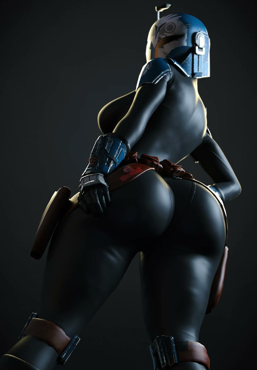 3d armor big_ass bo-katan_kryze bodysuit covered_face hand_on_ass highres large_breasts muscular_back presenting simple_background solo solo_female star_wars the_mandalorian thick_thighs tight_clothing viewed_from_below wotm8h8