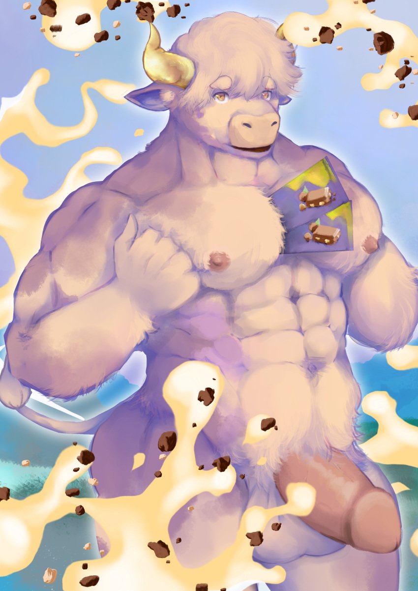 abs absurd_res anthro anthrofied ass balls barazoku between_breasts big_butt bovid bovine breasts candy cattle chocolate dairy_products dessert food ftm_crossgender genderswap_(ftm) genitals hi_res horn huge_butt huge_thighs male mammal mascot milk milka_(chocolate) milka_cow multicolored_body muscular muscular_male nipples pecs penis prismapotheosis purple_body rule_63 solo solo_focus solo_male thick_penis thick_thighs yellow_eyes yellow_horn