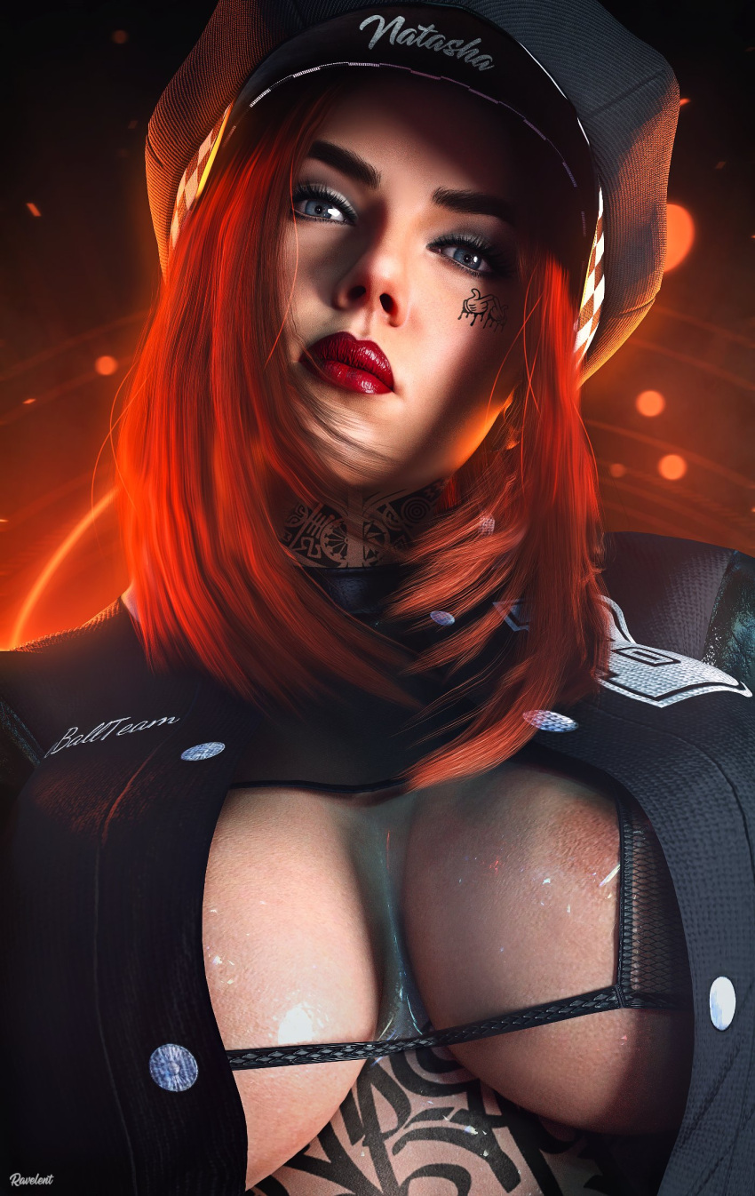 1girls 3d athletic_female big_breasts black_widow_(marvel) close-up female female_only hat human inner_sideboob marvel marvel_comics natasha_romanoff partially_clothed ravelent red_hair scarlett_johansson short_hair solo tattoo thick_thighs