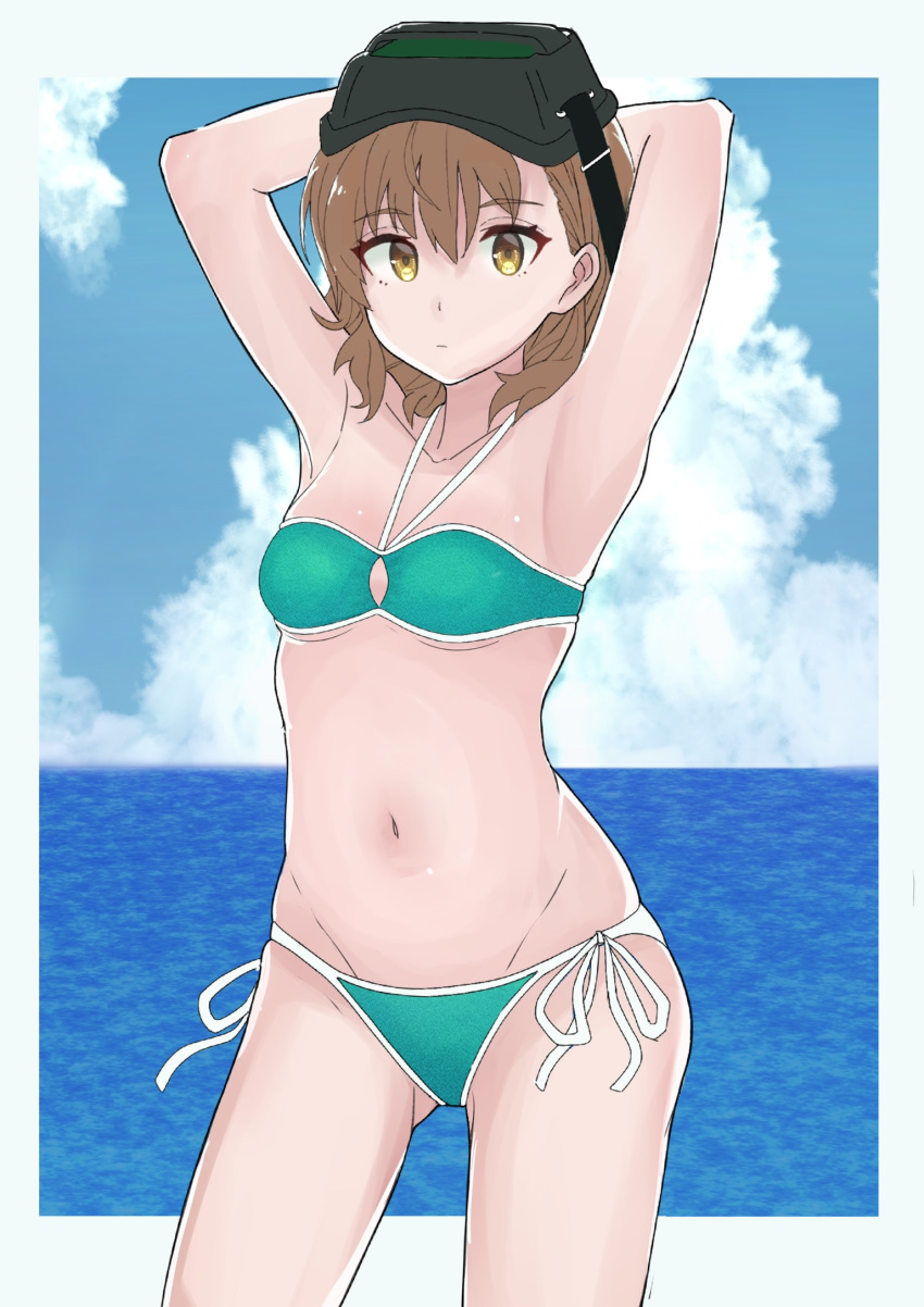 1girls 2020s 2022 armpits arms_behind_head bare_thighs bikini breasts brown_eyes brown_hair clone cloud collarbone day female green_bikini green_swimsuit haru_inoue head_mounted_display hi_res hips looking_at_viewer matching_hair/eyes midriff misaka_imouto navel ocean outdoors short_hair sky small_breasts solo standing swimsuit teenage_girl teenager thighs to_aru_kagaku_no_railgun to_aru_majutsu_no_index water young