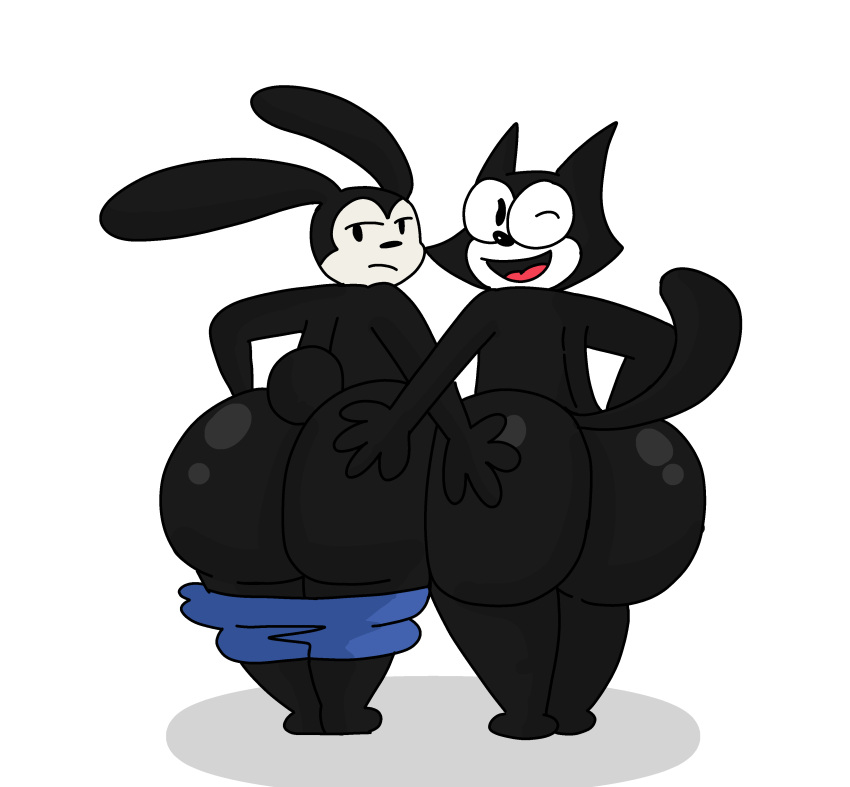 big_ass big_butt black_fur blue_pants bored brappycatty crossover disney domestic_cat domestic_rabbit dreamworks felix_the_cat felix_the_cat_(series) grumpy hands_on_ass happy male male/male male_only oswald oswald_(character) oswald_the_lucky_rabbit pants_down universal_studios