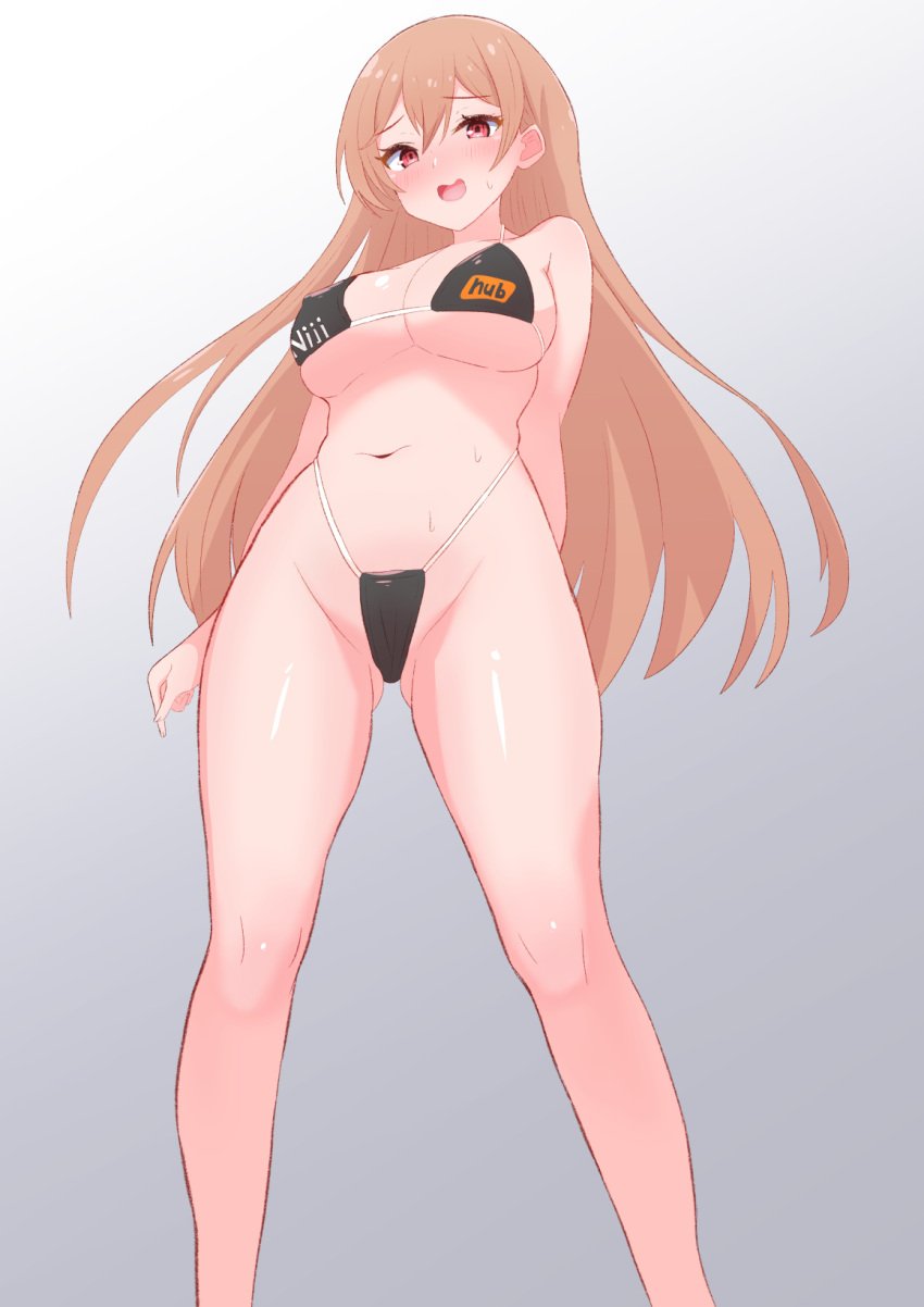 1girls belly belly_button big_breasts bikini black_bikini blonde_hair blush blushing_at_viewer breasts embarrassed eyebrows eyebrows_visible_through_hair eyelashes female female_only furen_e_lustario gradient_background grey_background groin hand_behind_back long_hair looking_at_viewer micro_bikini nijihub nijisanji nipple_bulge red_eyes reflective_body simple_background standing straight_hair sweat swimsuit thong thong_bikini viewed_from_below virtual_youtuber yellow_hair