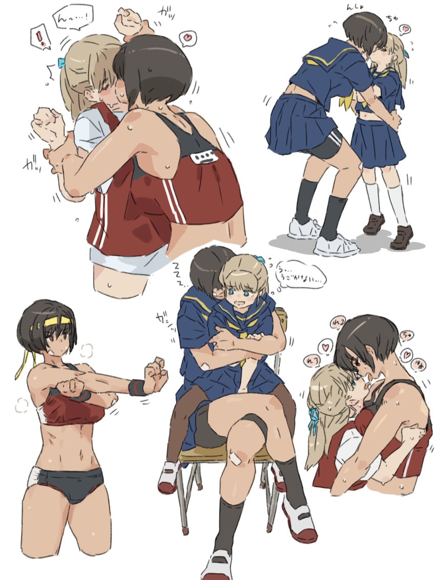 2girls blue_eyes brown_eyes eye_contact female female_only full_body gym_uniform height_difference highres hug kei_(m_k) kissing looking_at_another m_k multiple_girls multiple_views original rika_(m_k) school_uniform sweat yuri