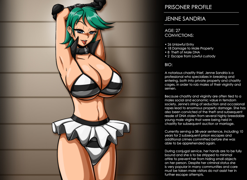 1girls 2d big_breasts collar english_text female female_only femdom femdom_caption green_hair large_breasts neocorona prison_uniform prisoner short_hair solo solo_female tagme text