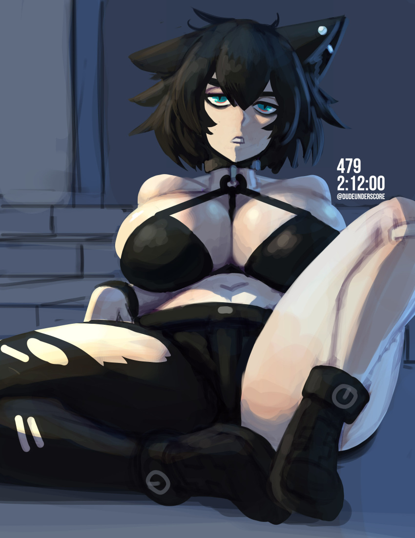 1girls bent_legs big_breasts black_hair blue_eyes dudeunderscore ear_piercing eye_bags female female_only goth looking_at_viewer lying lying_on_back medium_hair raine_(zanamaoria) slit_pupils solo very_high_resolution wolf_ears wolf_girl