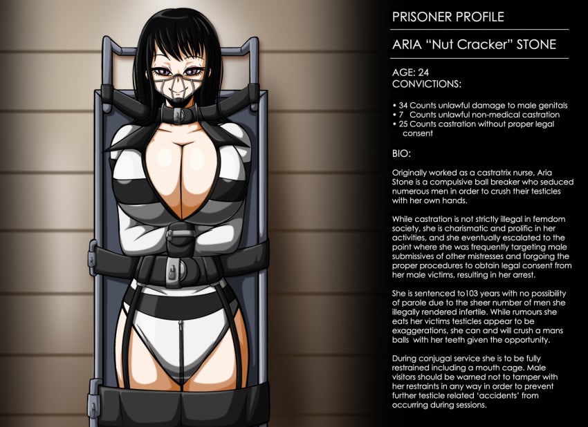 1girls 2d black_hair castratrix english_text female female_only femdom femdom_caption large_breasts mouth_guard neocorona prison_uniform prisoner restrained solo solo_female tagme text