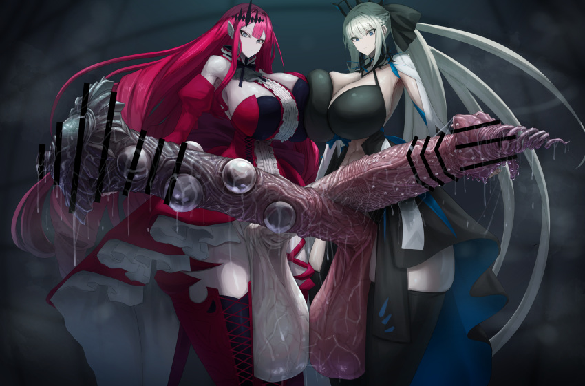 2futas absurd_res balls baobhan_sith_(fate) breasts canvassolaris censored cleavage clothed clothing corkscrew_penis dress duo emotionless erection fairy_knight_tristan_(fate) fate/grand_order fate_(series) flared_penis futa_only futanari gigantic_testicles grotesque grotesque_genitals huge_breasts human humanoid hyper hyper_penis light-skinned_futanari light_skin long_hair morgan_le_fay_(fate) mostly_clothed penis red_hair standing thick_thighs thighhighs unusual_penis veiny_penis white_hair wide_hips