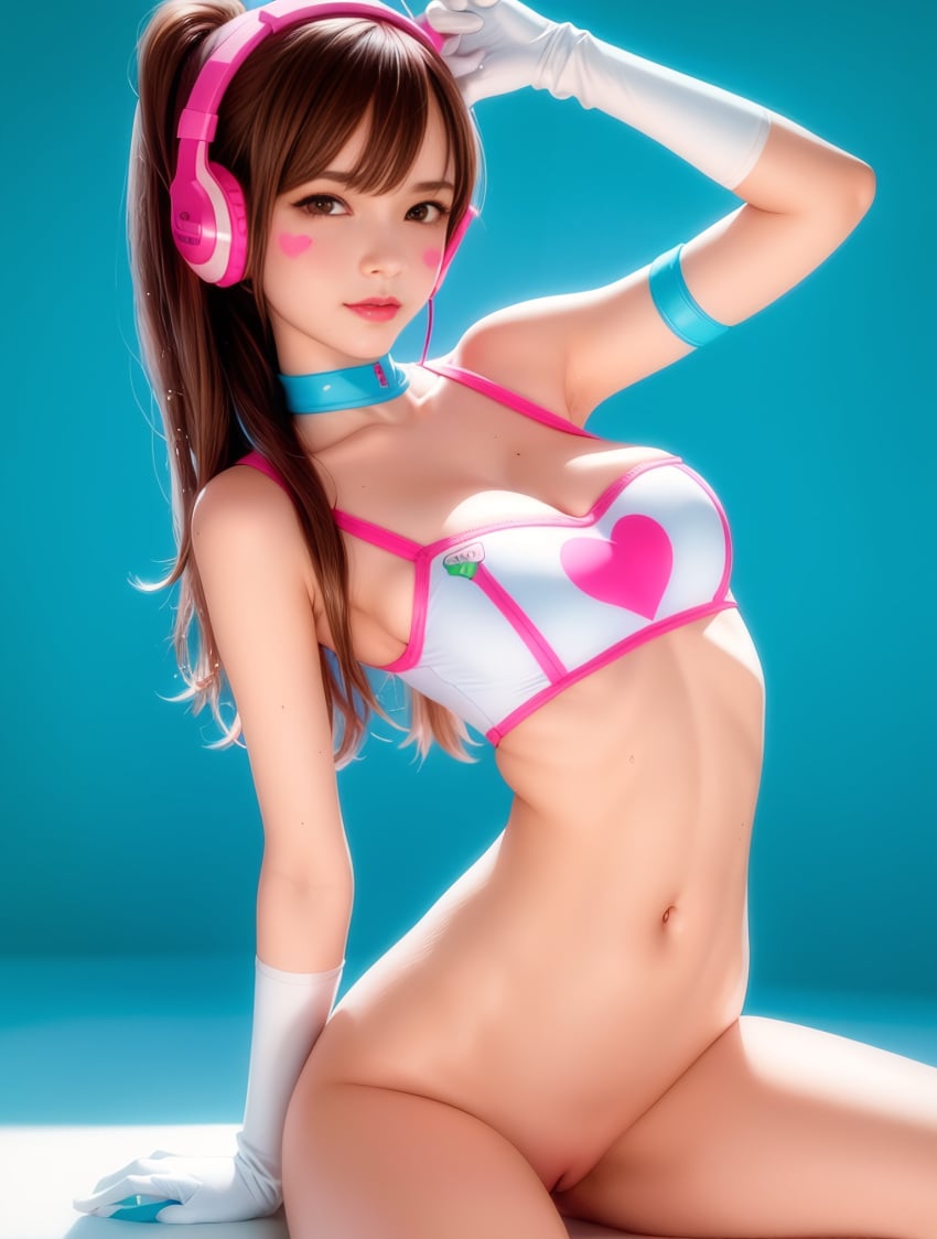 1girls activision ai_generated alternate_hairstyle arched_back armpits asian blizzard_entertainment bottomless bra breasts brown_eyes brown_hair choker cute d.va eyelashes eyeliner eyeshadow eyumyum facepaint facial_markings female female_only fringe gloves hana_song headgear korean long_hair looking_at_viewer medium_breasts midriff navel nude overwatch pale-skinned_female pale_skin petite pink_lipstick ponytail pussy seductive_look sitting skinny slim stable_diffusion teenager whisker_markings white_gloves young