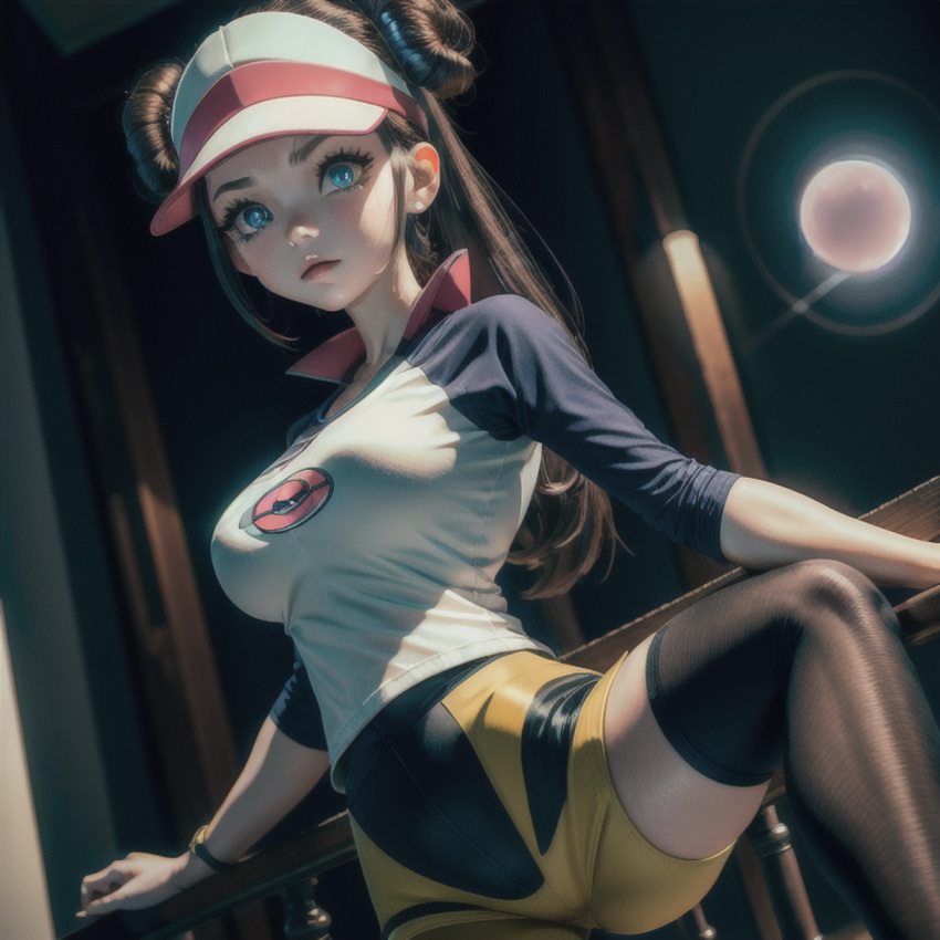 ai_generated audiostick blue_eyes breasts brown_hair concerned detailed_background earring eyelashes eyeliner inframammary_clothing_crease large_breasts longsleeve looking_at_viewer night pokemon rosa_(pokemon) scared shorts stable_diffusion thighhighs tight_clothing visor_cap watch worried