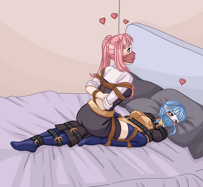 2girls arms_behind_back blue_hair blue_stockings blush bondage bound cowgirl_position embarrassed ext1nct1ion female female_only femsub fire_emblem fire_emblem:_three_houses fully_clothed gag gagged garreg_mach_monastery_uniform girl_on_top happy happy_sub heart hilda_valentine_goneril indoors intelligent_systems looking_away marianne_von_edmund multiple_girls multiple_subs nintendo no_shoes on_back on_bed over_the_nose_gag pink_eyes pink_hair rope slave stockings straddling submissive submissive_female thighhighs tied_up twintails yuri