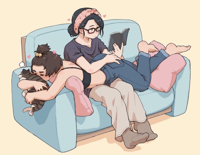 2girls bandana barefoot black_hair book bra brown_hair couch couple denim feline female female_only glasses hair_bobbles hair_ornament hand_on_another's_ass heart highres jeans lying_on_lap m_k multiple_girls original pants pillow reading relationship_goals simple_background socks topknot underwear wholesome yuri