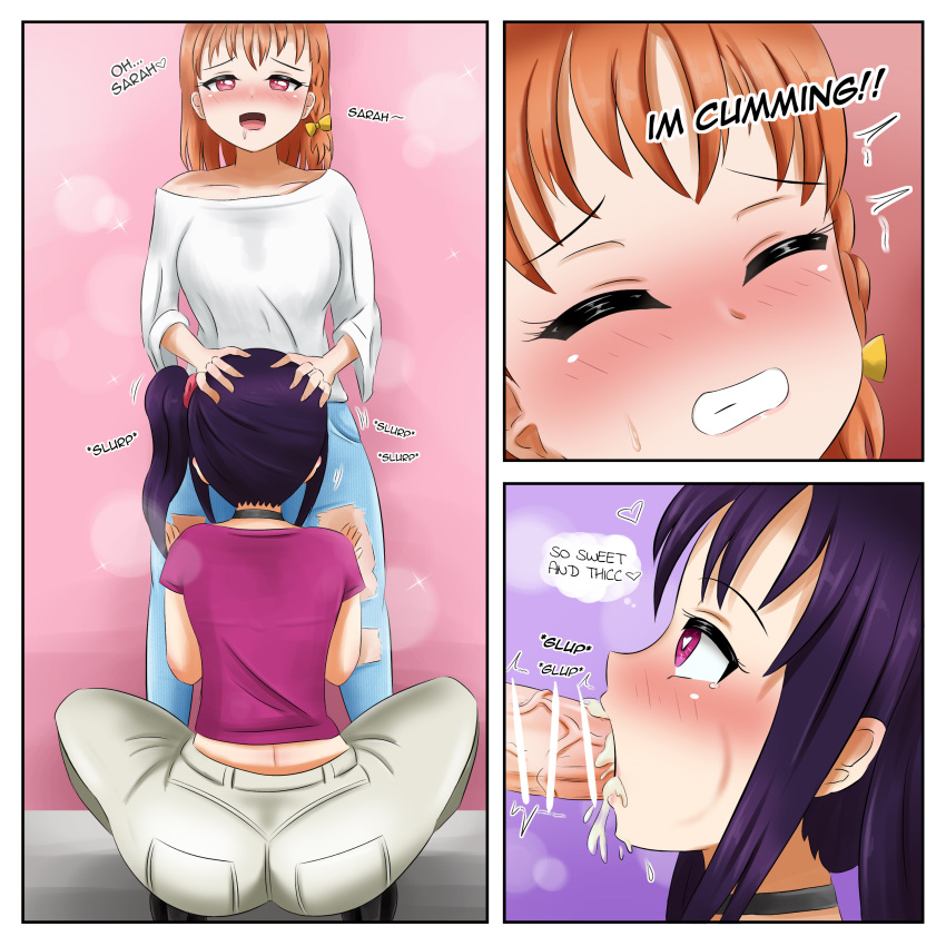 bar_censor blowjob blush censored comic cum_in_mouth danzfloor female futa_on_female futanari jeans kazuno_sarah light-skinned_female light-skinned_futanari light_skin love_live! love_live!_sunshine!! takami_chika